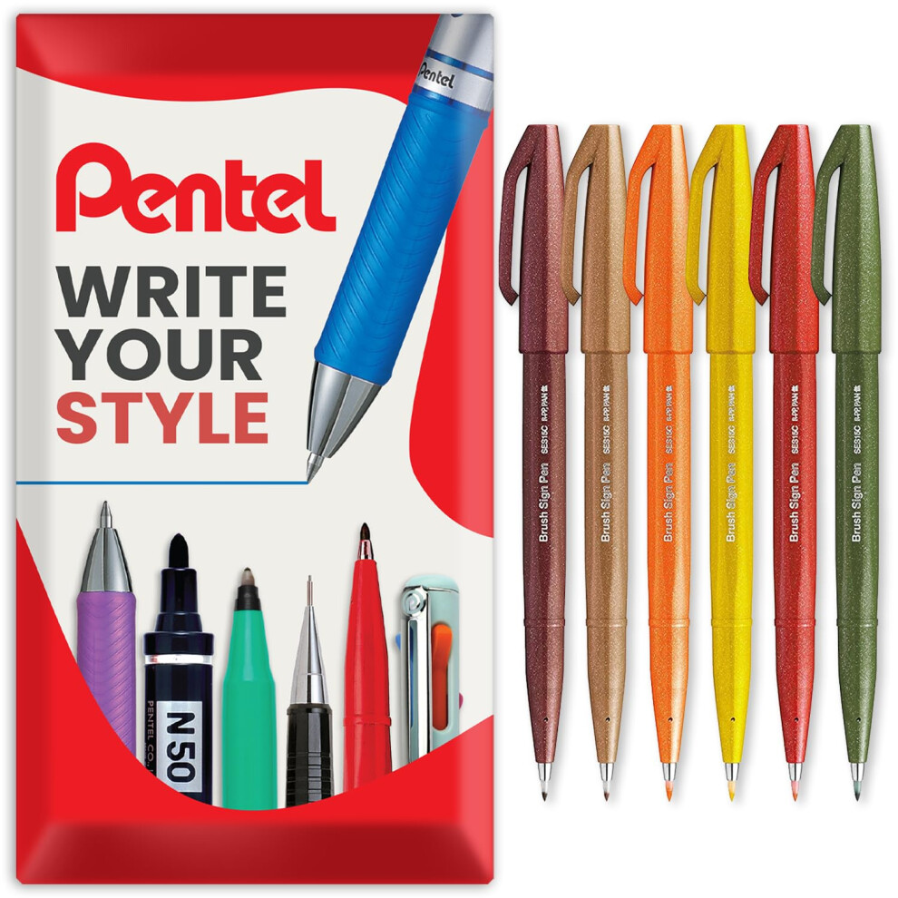 Pentel Brush Sign Pen Ses15c - Brush Nib - Fibre Tip - Set Of 6 - In Envelope Gift Packaging - Autumn Tones