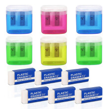 TSHAOUN 6 PCS Manual Pencil Sharpeners,Colorful Dual Holes Sharpener with Lid and 6PCS White Plastic Eraser, for Kids Students School Home Office