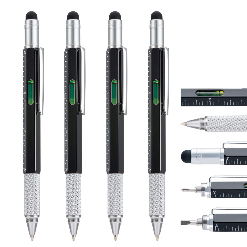 4 Pack Multitool Pen With Extra Refills Set, 6 In 1 Multitool Pen With Ruler & Levelgauge, Multifunctional Metal Ballpoint Pen, Cool Gadget For Men, 5051225018528
