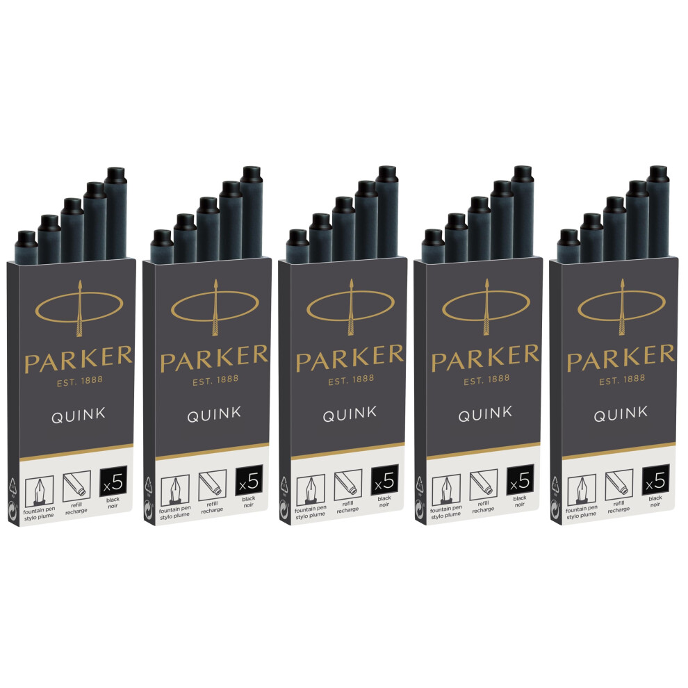 Parker Long Ink Cartridges For Fountain Pens - Pack Of 25 Black