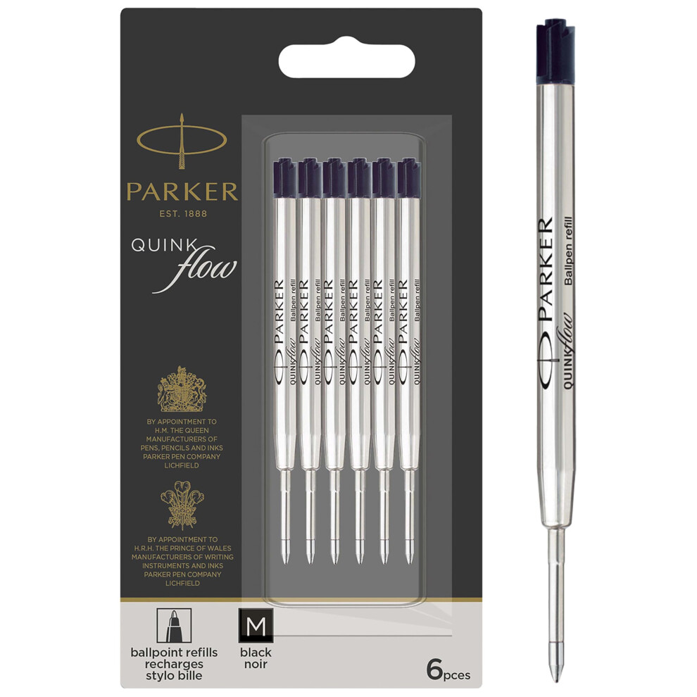 Parker Ballpoint Pen Refills | Medium Point | Quinkflow Ink | 6 Count Value Pack Black