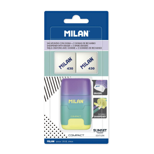 MILAN Blister Pack Turquoise Sunset Compact Sharpener + 2 Replacement Erasers BYM10454