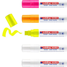 edding 4090 Chalk Marker Pen Set - 2 White, 3 Neon Colours - 5 Chalk Pens - Chisel Tip 4-15 mm - Wet Wipe Pen for Chalkboards, Windows, Glass, Mirrors