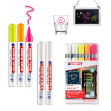 edding 4095 chalk marker pen set - white (2x), yellow, orange, pink -5 chalk pens-round nib 2-3 mm-wet wipe pen for chalkboards, windows, glass,