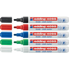 Edding Set of 5 Window Markers and Chalk 2-3mm Black Blue Red Green White 4095