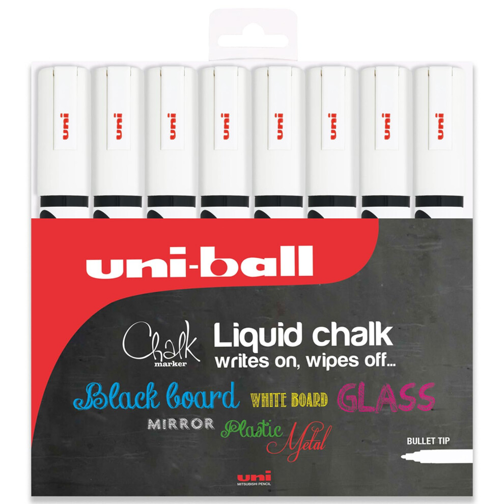 Uni-Ball Uni Pwe-5M Liquid Chalk Marker Pen - Board Blackboard Chalkboard - Non Permanent - Wallet Of 8 (White) White