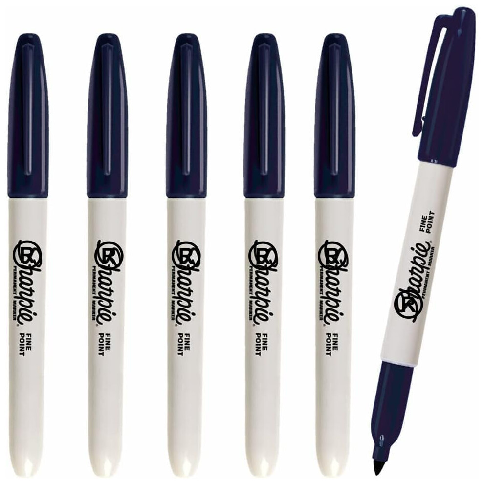 Fnx 6 X Sharpie Permanent Marker Pens, Fint Point Tip, Navy Blue Colour Ink - Marks On Almost Any Surface - Loose In Plain Packaging
