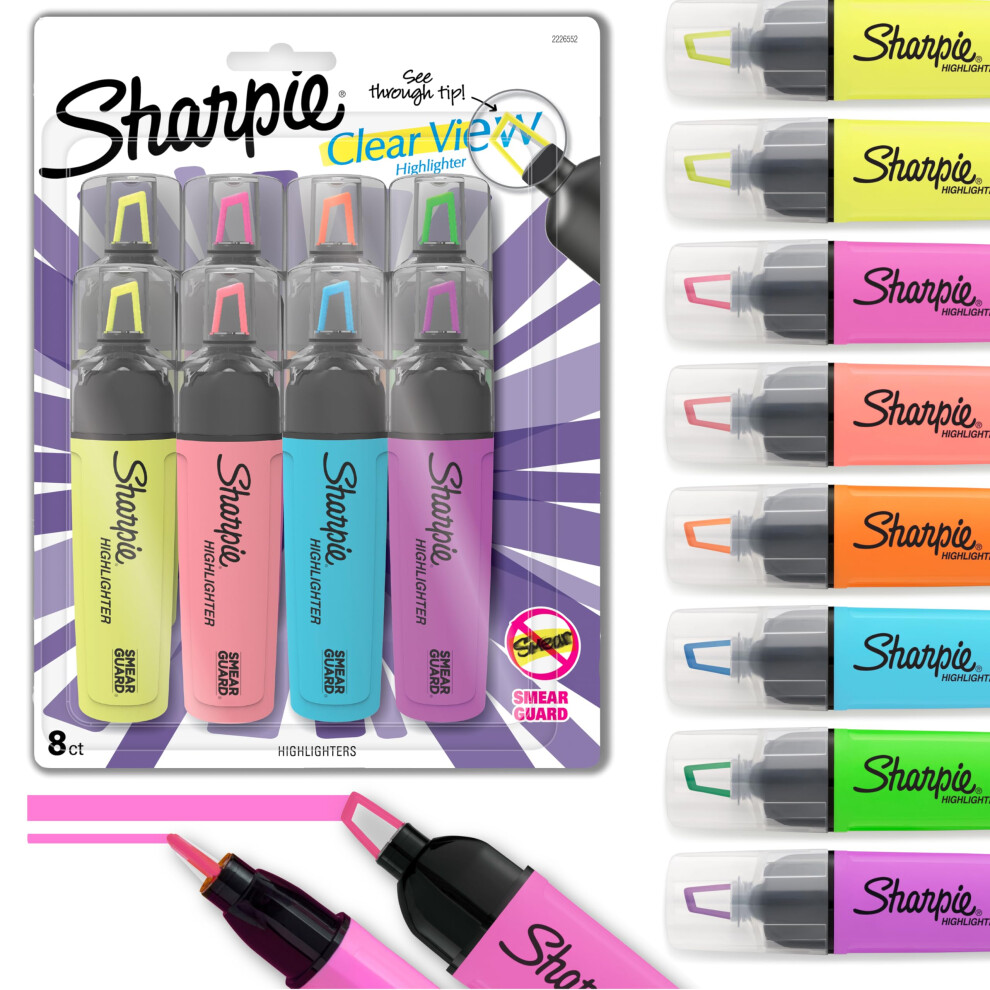 Sharpie Highlighters | Clear View Highlighter Pens With See-Through Chisel Tip | Assorted Fluorescent Ink Colours | 8 Count