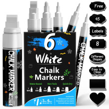 APOGO White Chalk Pens, Liquid White Markers for Blackboards, Signs, Christmas Window, Chalk Markers with 45 Blackboard labels, Pack of 6 Chalkboard