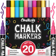 20 Fine Tip Liquid Chalk Pens for Blackboard (3mm Reversible Tip, Neon, Pastel Colors + Gold, Silver) | Thin Chalk pens for Chalkboards, Window, Car,