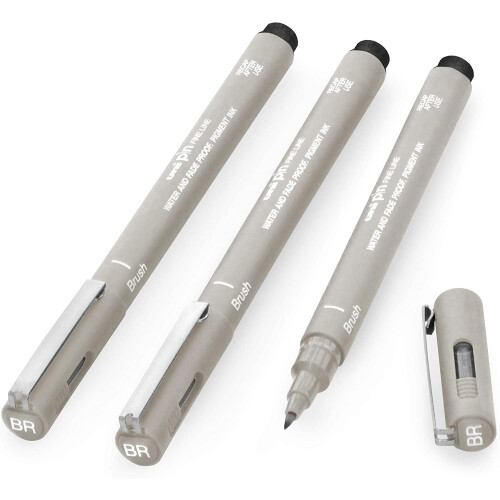 Uni-Ball Uni Pin Fineliner Drawing Pen - In Gift Box (Light Grey - Brush, 3)