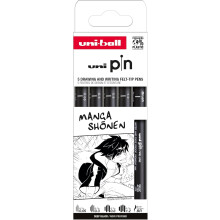 uni-ball - 5 Shonen Manga Writing and Drawing Pens - 4 Ultra-Fine to Medium Calibrated Tips and 1 Brush Tip - Black Ink