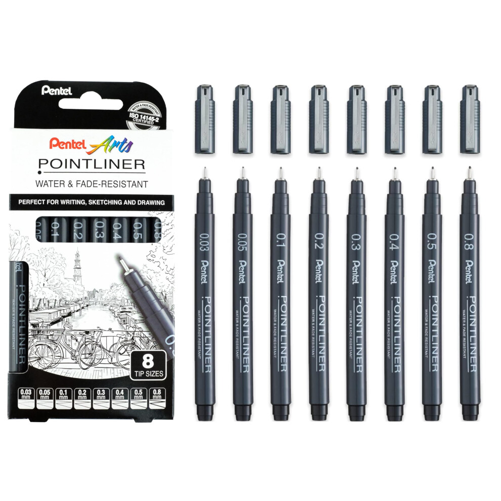 Pentel S20p Pointliner Pigment Liner Technical Drawing Fineliner Pen S20p - 0.03Mm, 0.05, 0.1, 0.2, 0.3, 0.4, 0.5 & 0.8Mm - Ink (Pack Of 8) Black
