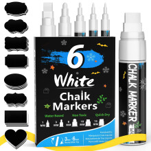 AOSUCO White Chalk Pens, 6 pack-1, 3, 6, 10, 15mm, 5 Different Fine and Jumbo Tips of Liquid Chalk Pens Chalk Markers, Dry & Wet Erase Window Pens