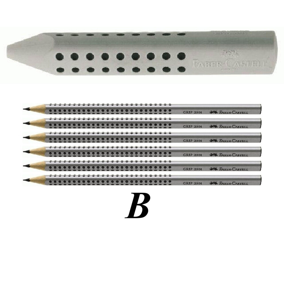 Faber-Castell Grip 2001 187100 Triangular Eraser + 6 Pencils B Grey