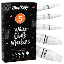 Chalkola 5 White Chalk Pens for Chalkboard Signs, Blackboard, Car Window, Bistro, Glass | 5 Variety Pack - Thin, Fine Tip, Bold & Jumbo Size Erasable