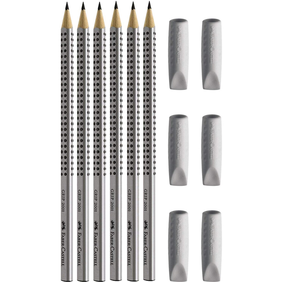 Faber-Castell Eraser Caps Grip Pack Of 6 + 6 Hb Pencils Grey
