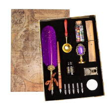 Joyeee Feather Pen Ink Set, include Quill, Wooden Dip Pen, Black Ink, Replaceable Nibs, Seal Stamp, Sealing Wax Beads, Melting Spoon, Tea Wax, Dip Pen