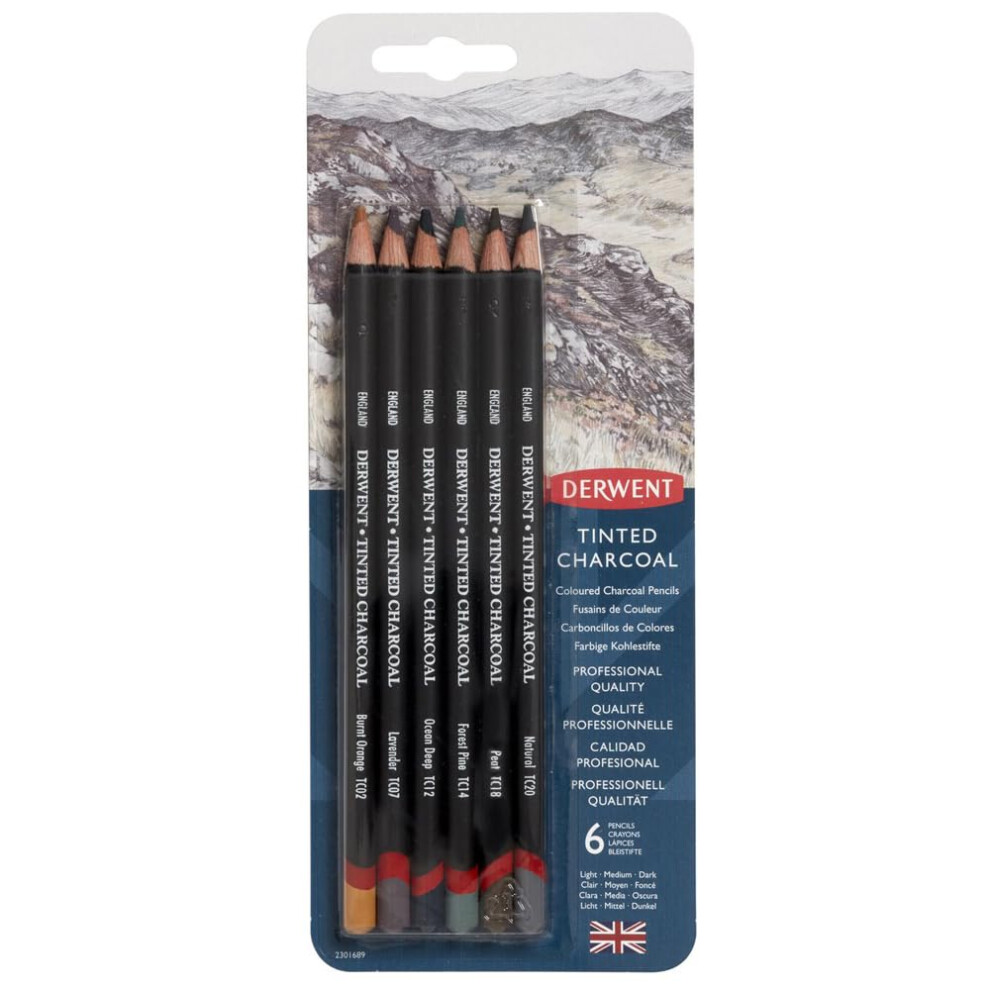 Derwent Tinted Charcoal Drawing Pencils, Set Of 6, Watersoluble, Professional Quality, 2301689