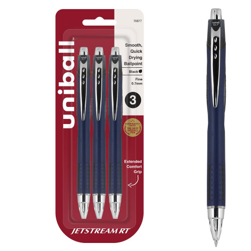 Uni-Ball Uni-Ball Jetstream Retractable Ball Point Pens,0.7mm, Black Ink, 3-Count