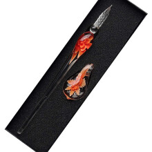 Handmade Crystal Glass Intarsia Dip Pen Fountain Pen Kit Vintage Calligraphy Signatures Pen with A Pen Holder, Orange