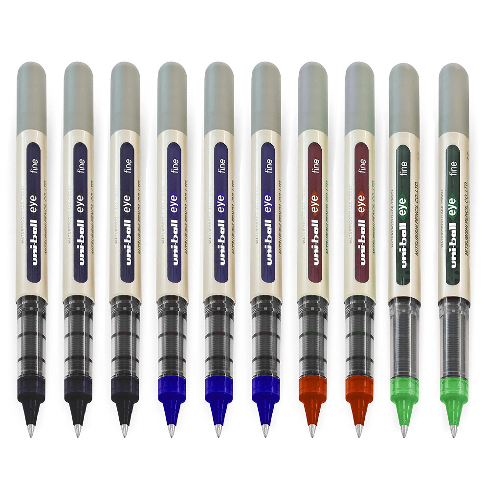 Uni-Ball Eye - Ub-157E Rollerball Pens - 0.7Mm Nib - [Pack Of 10] - 3 X 3 X 2 X 2 X Green Black/Blue/Red