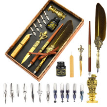 Joyeee Real Feather Quill Pen and Ink Set, Include Sealing Wax Stamp Kit for Wedding, Wooden Calligraphy Dip Pens, 17 Replacement Nibs, Wax Seal Stick