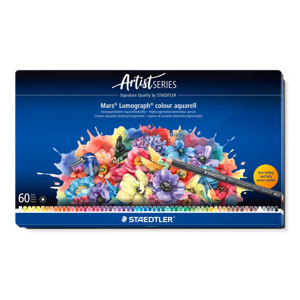 Staedtler Watercolour Pencil - 60 Assorted Colours - Mars Lumograph Colour Aquarell - Tin Of 60, 104 M60