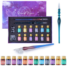 FURNIZONE Glass Dip Pen Ink Gift Set 16 Pack, 2 Calligraphy Crystal Dip Pen with 12 Color Drawing Ink for Art/Painting/Writing, with Holder and Clean