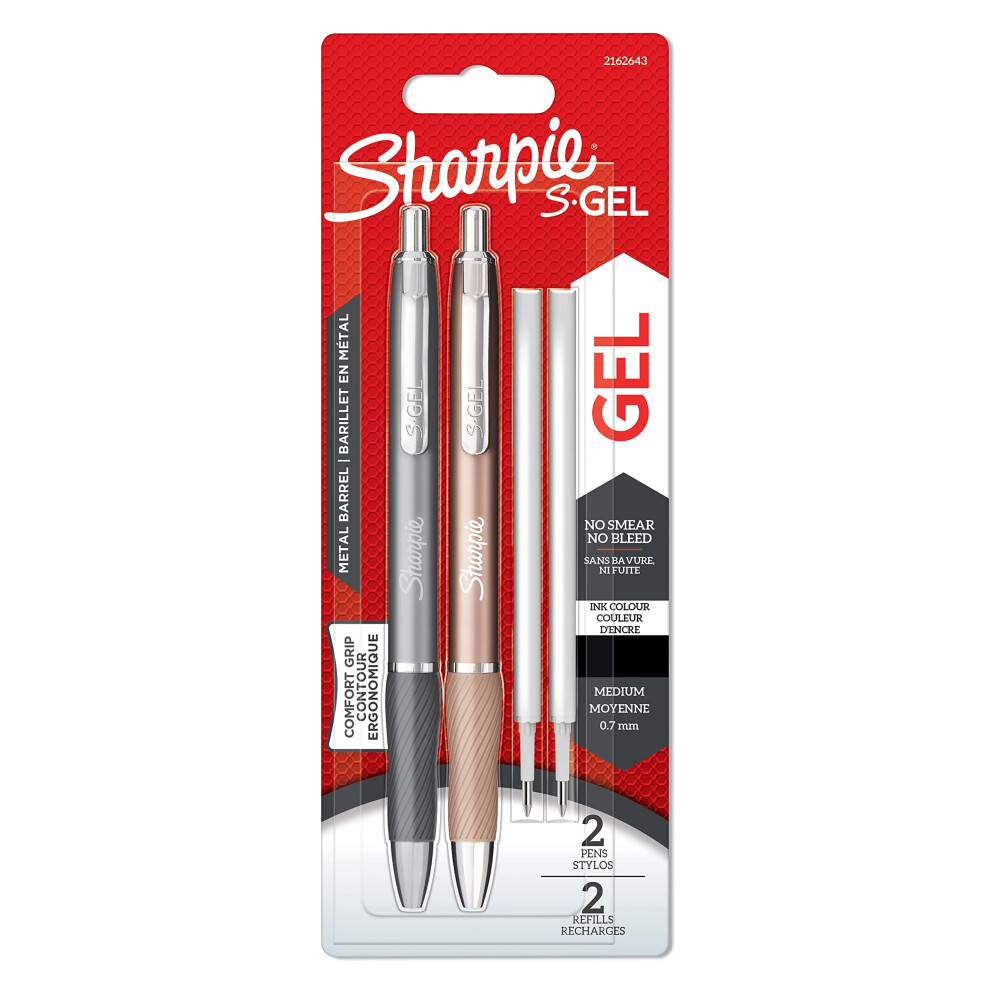 Sharpie S-Gel | Metal Gel Pens | Medium Point (0.7Mm) | Steel Grey & Rose Gold | Black Ink | 2 Pens & 2 Gel Pen Refills