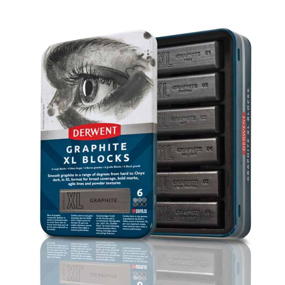 Derwent Graphite Xl Blocks 6 Tin, Set Of 6, 60Mm Extra-Large Block, Water-Soluble, Ideal For Sketching, Drawing And Expressive Mark Making,