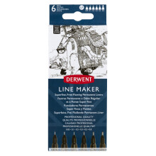 Derwent Black Line Maker Pens, Set of 6, Fine Liners, Mixed Nib Size, Fast-Drying Ink, Ideal for Sketching, Writing, Illustrating and Colouring,