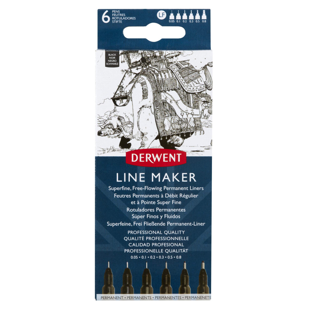 Derwent Line Maker Pens, Set Of 6, Fine Liners, Mixed Nib Size, Fast-Drying Ink, Ideal For Sketching, Writing, Illustrating And Colouring, Black