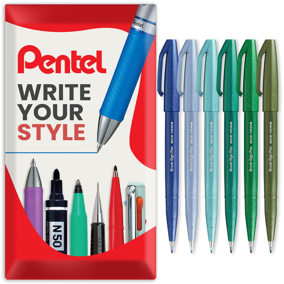 Pentel Brush Sign Pen Ses15c - Brush Nib - Fibre Tip - Cool Tones - Set Of 6 - In Envelope Gift Packaging