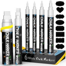 ANYUKE 6 White Chalk Pen, White Dry Erase Liquid Chalk Pens for Blackboards, Christmas Window Decorations, Glass | Fine & Jumbo Size Markers (1mm*2,