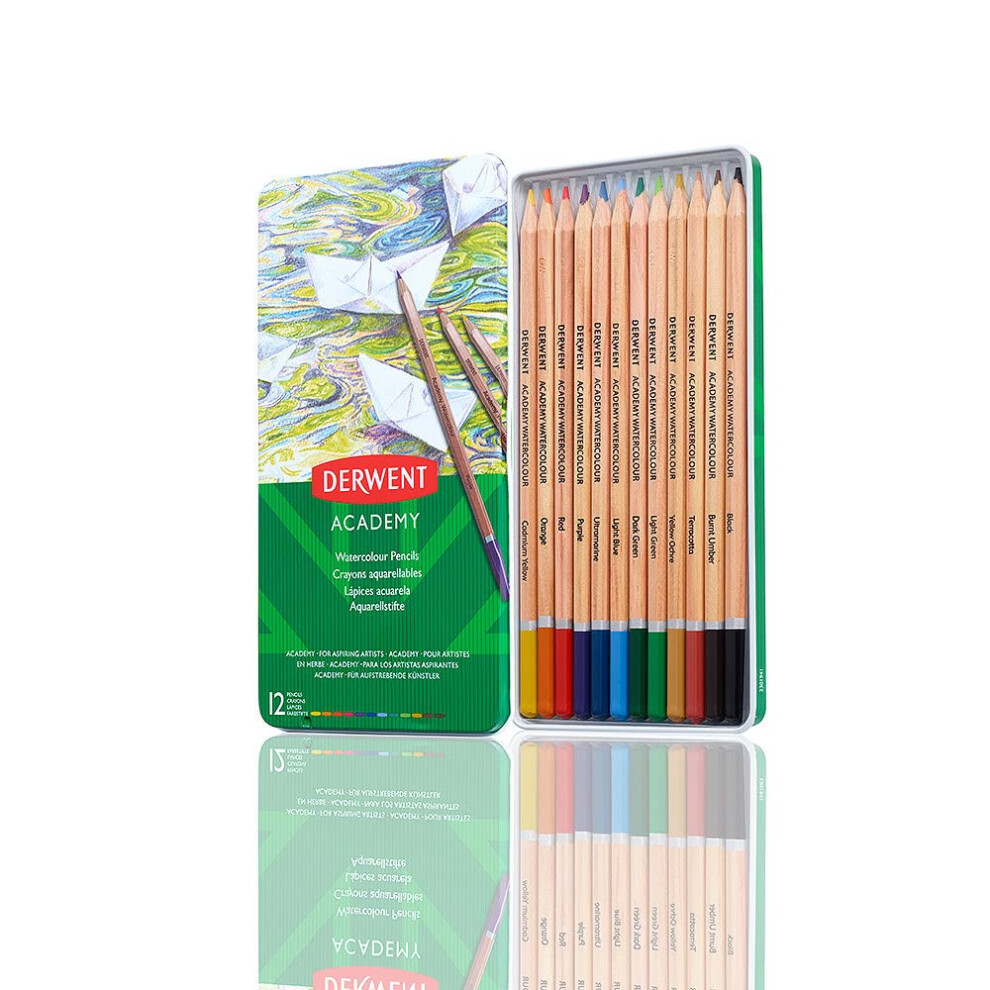Derwent Academy Watercolour Pencils, Set Of 12 In Tin, Blendable Multicolour Artist?S Pencils, Ideal For Wet Or Dry Colouring, Drawing & Illustration,