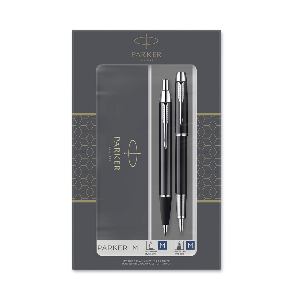 Parker Im Duo Gift Set With Ballpoint Pen & Fountain Pen | Gloss With Chrome Trim | Ink Refill & Cartridge | Gift Box Black/Blue