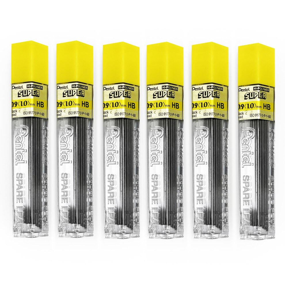 Pentel Super Polymer Refill Replacement Spare Leads For Automatic & Mechanical Pencils (Pack Of 6, 0.9Mm Hb)