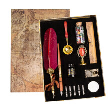 Joyeee Red Feather Pen and Ink Set, Writing Quill Pen with Ink, Brass Wax Seal Stamp, Metal Dip Pen Holder, Letter Paper, Wax Seal Beads, Tealight,