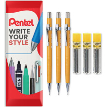 Pentel P200 Series Automatic Mechanical Pencils - HB Lead - 3 x Pencils + 3 Tubes of Refill Leads - In Envelope Gift Packaging (P209 (0.9mm))