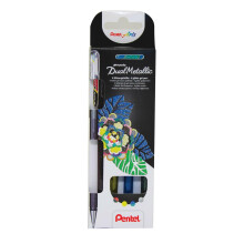 Pentel Hybrid Dual Metallic wallet, 4 Gel pens, Black, Blue, Gold & Silver (1 of each)