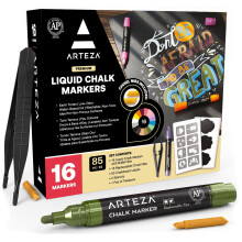 ARTEZA Liquid Chalk Pens, 16 Pastel Colours, Pack Includes 50 Chalkboard Labels, 16 Replaceable Tips, 1 pc Tweezers, 2 Sticky Stencils, Water-Soluble