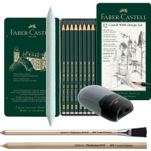 Faber-Castell Castell 9000 119064 Pencil Set of 12 Contents: 5B - 5H + 2 Eraser Pens, Stumps and Sharpener Tin