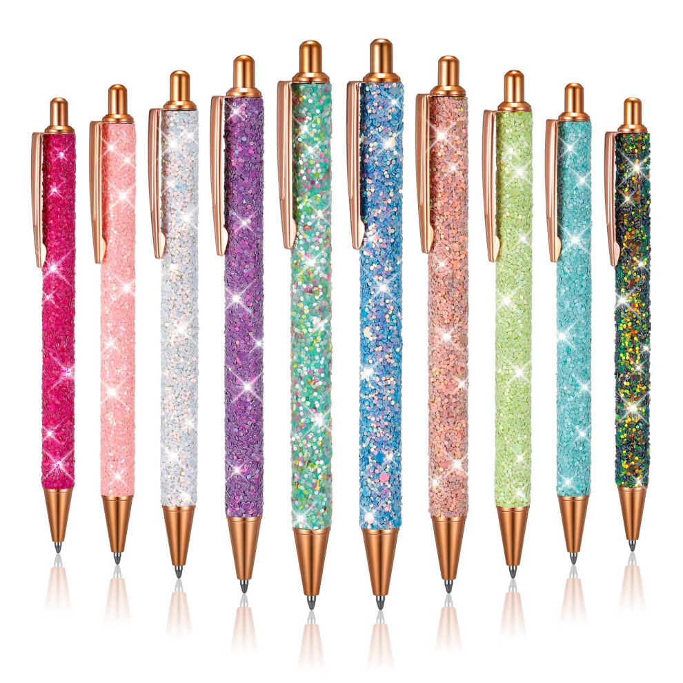 Bestomrogh Bling Metal Pens, 10Pcs Bling Metal Ballpoint Pens, 1.0 Mm Click Retractable Ballpoint Pens, Ink Retractable Pen For Men, Women, Students Black