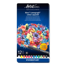 STAEDTLER Watercolour Pencil - 12 Assorted Colours - Mars Lumograph Colour Aquarell - Tin of 12, 104 M12