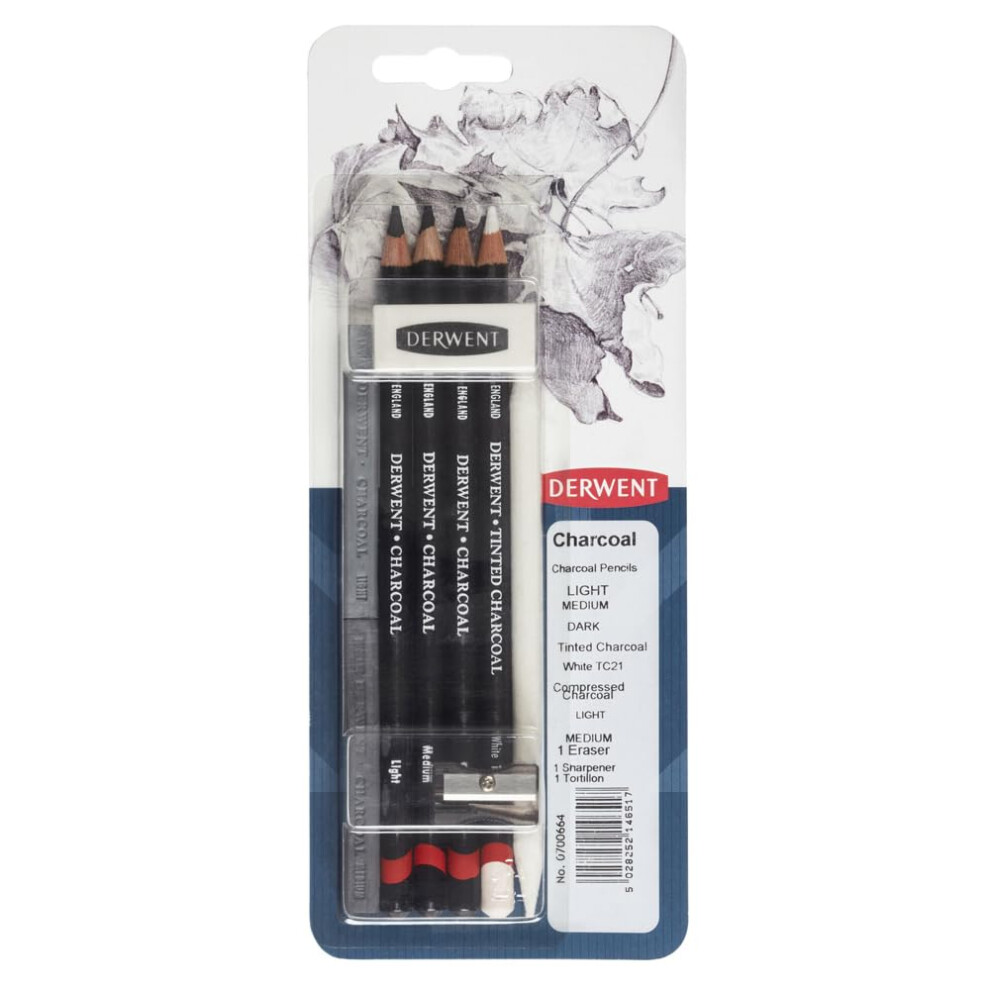 Derwent Charcoal Drawing Sampler Pack With Eraser And Sharpener, Professional Quality, 700664,,6 Count (Pack Of 1) White