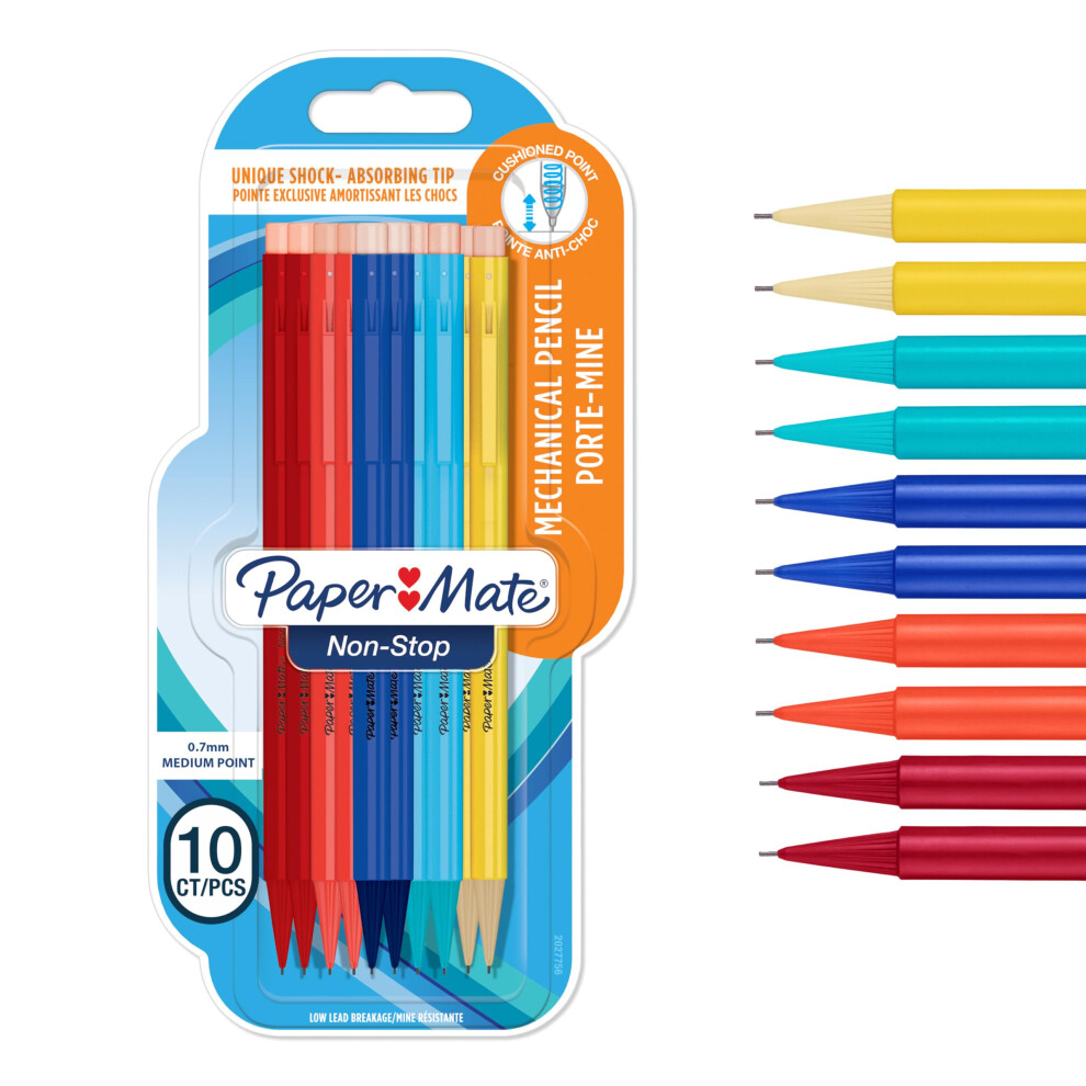 Paper Mate Non-Stop Mechanical Pencil | 0.7Mm With Shock-Absorbing Tip | Hb #2 | Assorted Barrel Colours | 10 Count