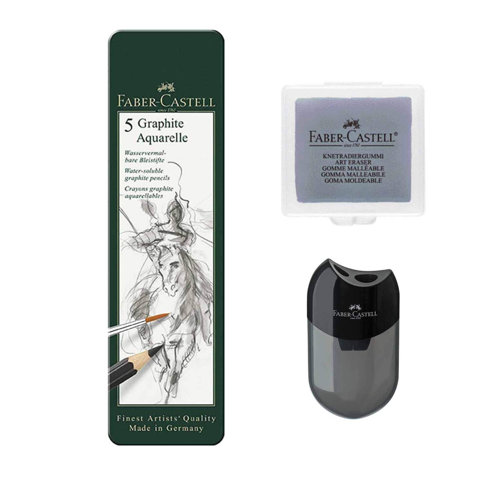 Faber-Castell Graphite Aquarelle 117805-5 Watercolour Graphite Pencils Hardnesses Hb, 2B, 4B, 6B And 8B (5 Pencils + Double Pencil Sharpener And