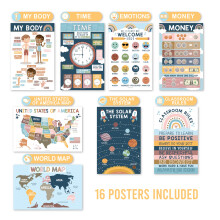 Hadley Designs 16 Boho Kids Educational Posters - Teacher Classroom Decor for Elementary, Pre K Learning for Toddlers 1-3