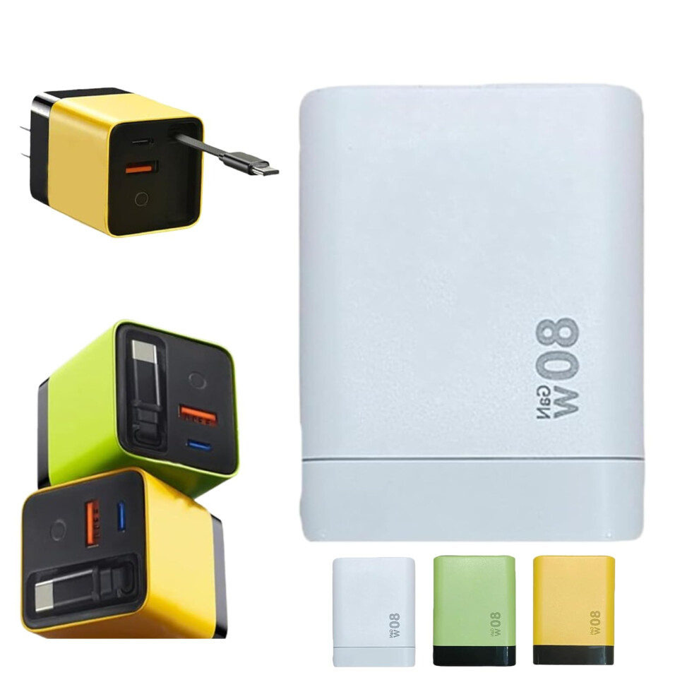 3 In 1 Gan Fast Charger 80W Usb C Wall Charger With Typec Cable And Usb Port, Retractable Plug, White 9073542211235